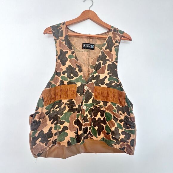 SEARS SPORTS CENTER - Vtg Duck Camouflage Canvas Mens Hunting Shooting Vest 60s - Picture 1 of 16